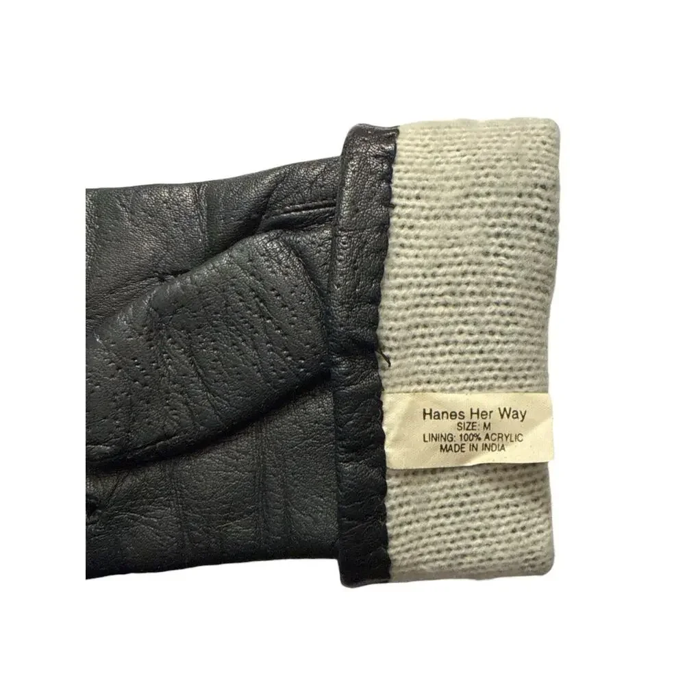 Hanes Her Way Ladies Medium Genuine Leather Gloves Black Made In India Lined